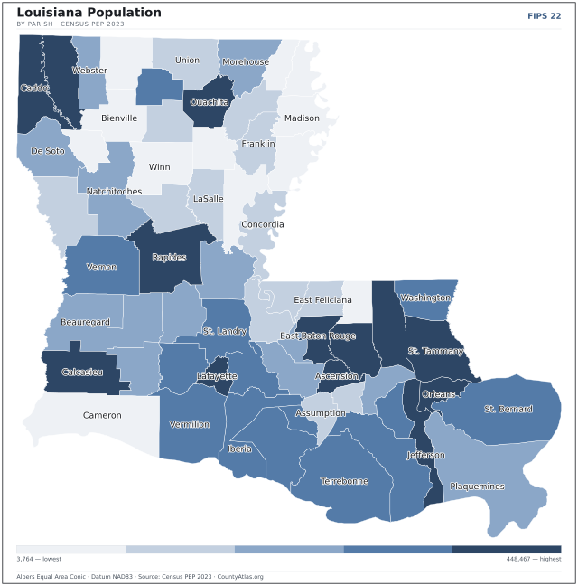 Map of Louisiana counties shaded by population — official U.S. Census data