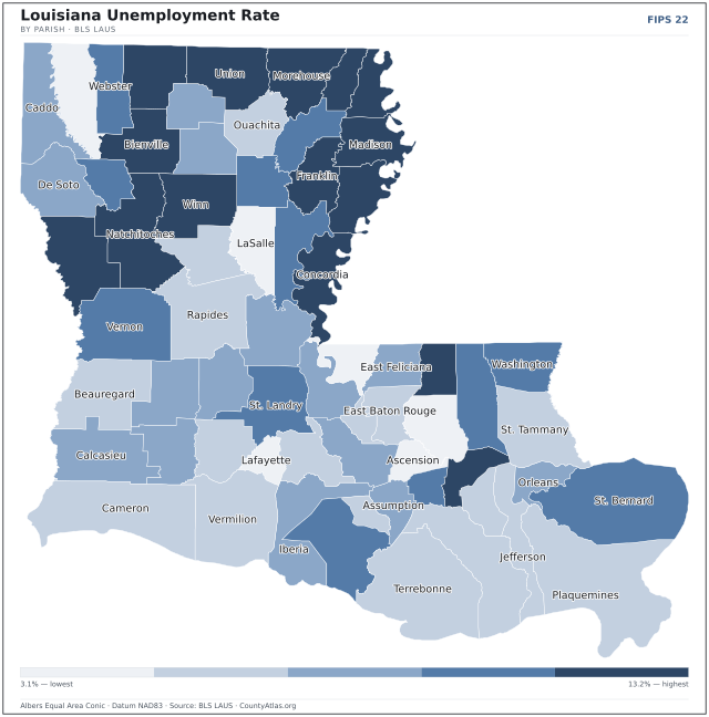 Map of Louisiana counties shaded by unemployment rate — U.S. Bureau of Labor Statistics