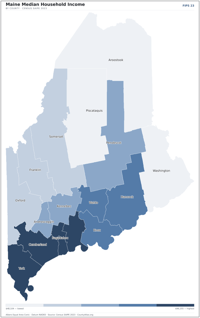Map of Maine counties shaded by median household income — official U.S. Census data