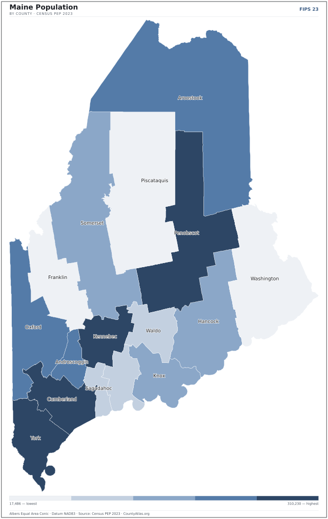 Map of Maine counties shaded by population — official U.S. Census data