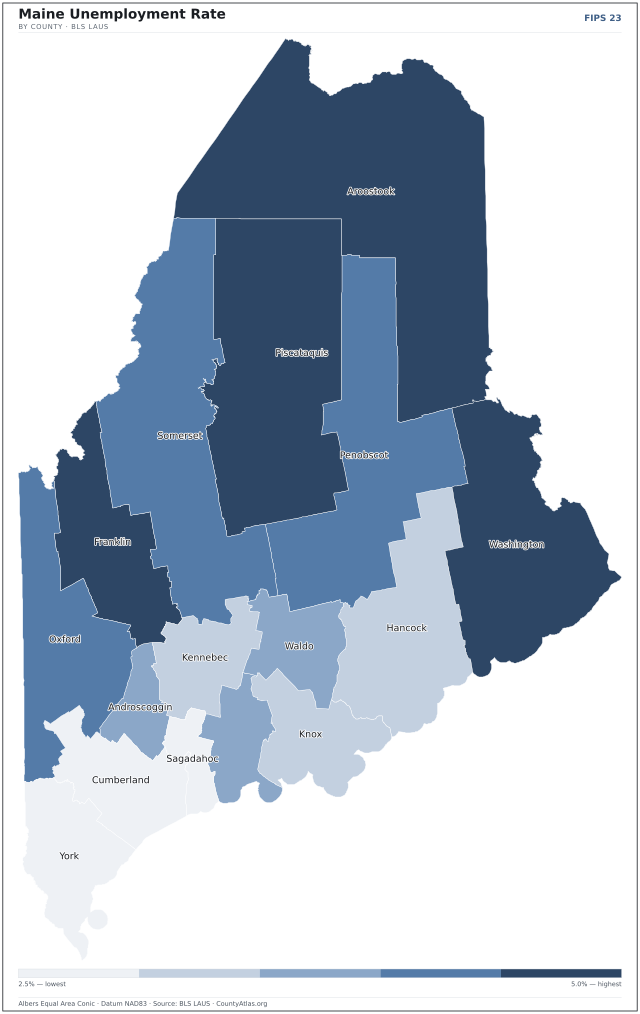 Map of Maine counties shaded by unemployment rate — U.S. Bureau of Labor Statistics