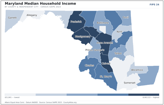 Map of Maryland counties shaded by median household income — official U.S. Census data