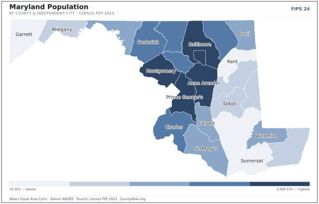 Map of Maryland counties shaded by population — official U.S. Census data