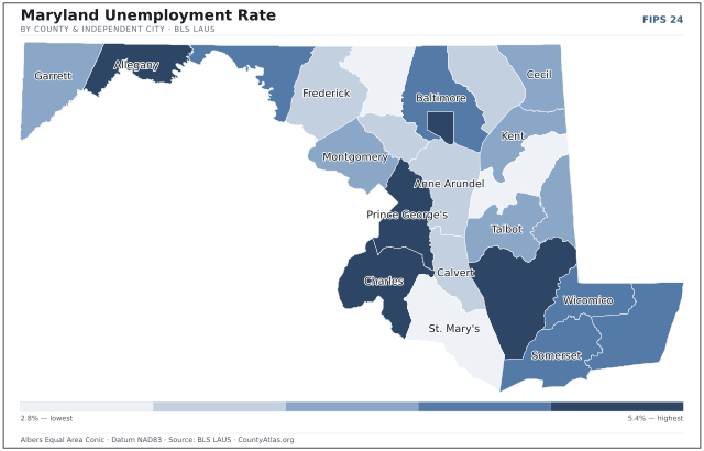 Map of Maryland counties shaded by unemployment rate — U.S. Bureau of Labor Statistics