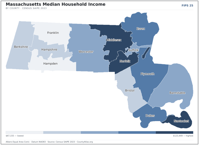 Map of Massachusetts counties shaded by median household income — official U.S. Census data