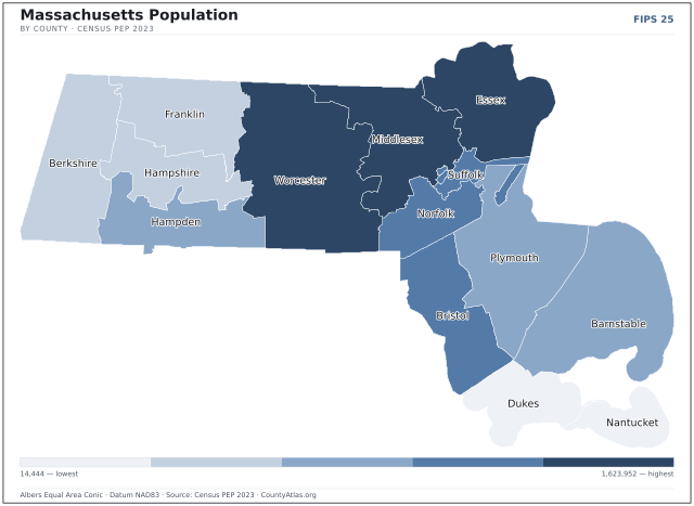 Map of Massachusetts counties shaded by population — official U.S. Census data