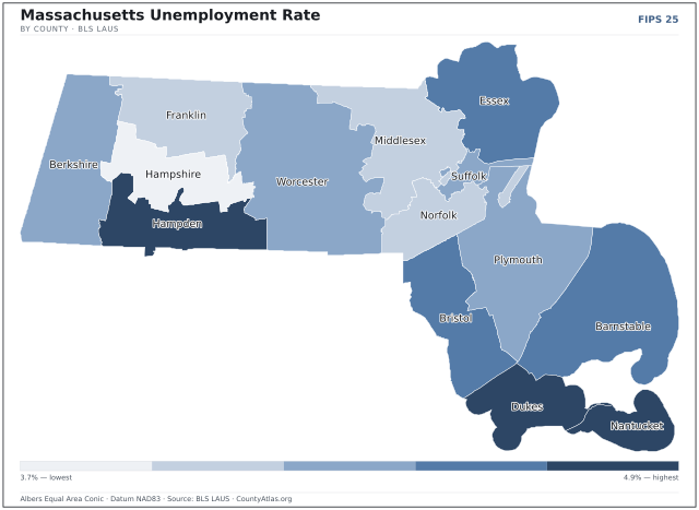 Map of Massachusetts counties shaded by unemployment rate — U.S. Bureau of Labor Statistics