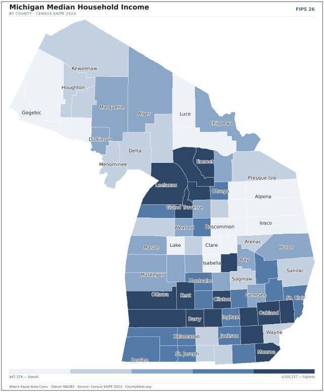 Map of Michigan counties shaded by median household income — official U.S. Census data