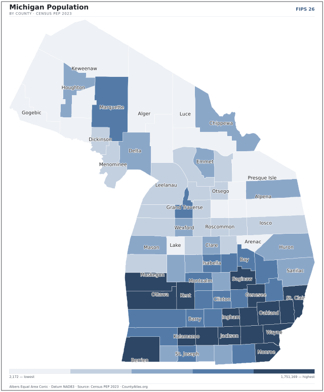Map of Michigan counties shaded by population — official U.S. Census data