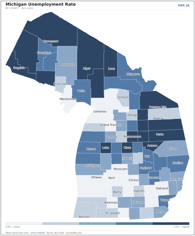 Map of Michigan counties shaded by unemployment rate — U.S. Bureau of Labor Statistics
