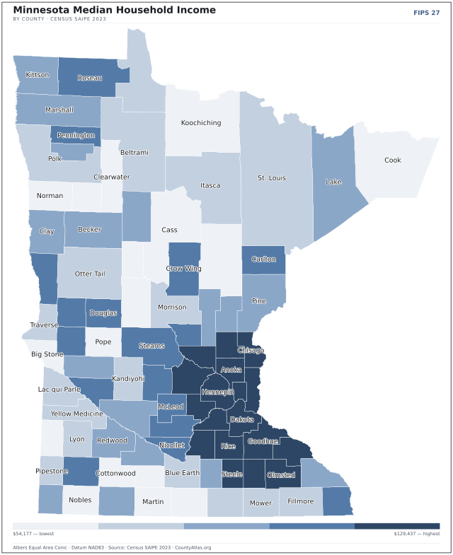 Map of Minnesota counties shaded by median household income — official U.S. Census data