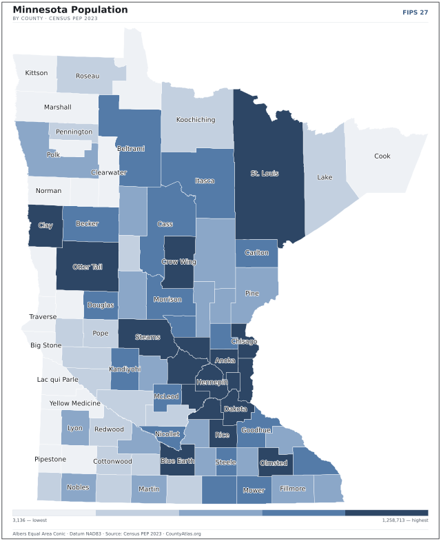 Map of Minnesota counties shaded by population — official U.S. Census data
