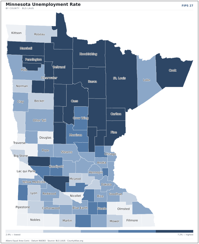 Map of Minnesota counties shaded by unemployment rate — U.S. Bureau of Labor Statistics