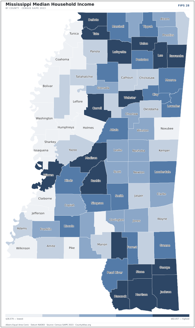 Map of Mississippi counties shaded by median household income — official U.S. Census data