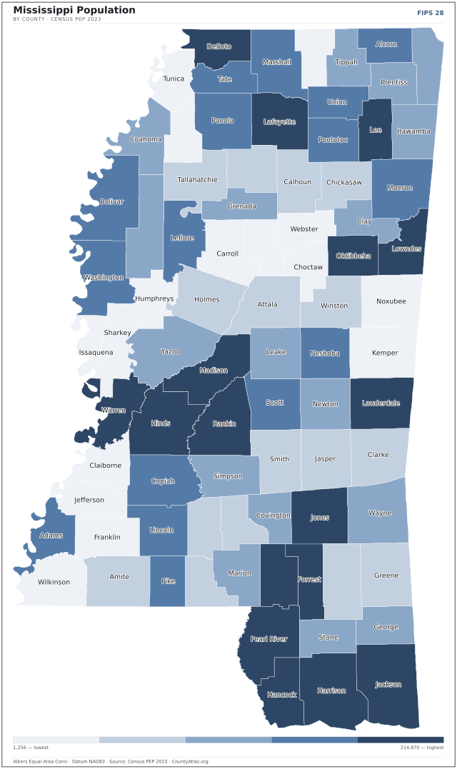 Map of Mississippi counties shaded by population — official U.S. Census data