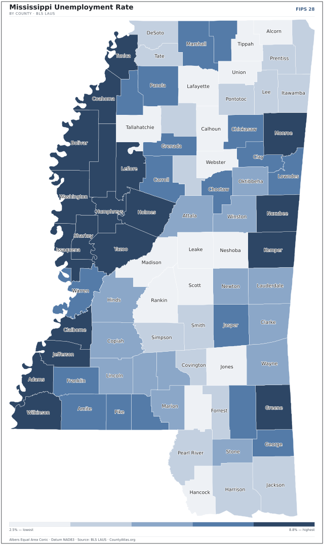 Map of Mississippi counties shaded by unemployment rate — U.S. Bureau of Labor Statistics