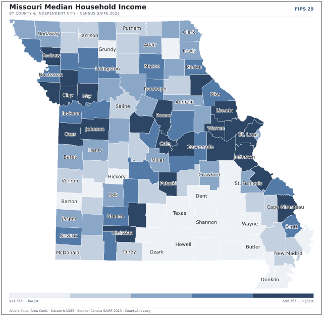 Map of Missouri counties shaded by median household income — official U.S. Census data