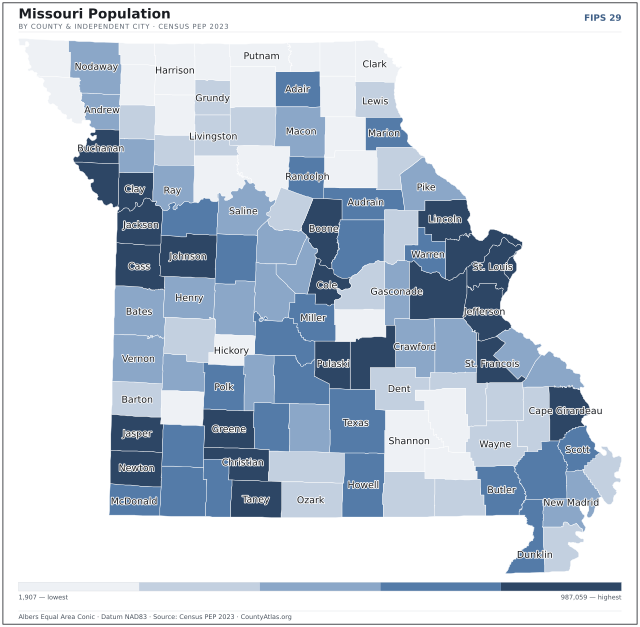 Map of Missouri counties shaded by population — official U.S. Census data