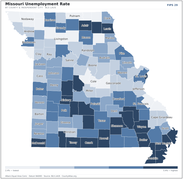 Map of Missouri counties shaded by unemployment rate — U.S. Bureau of Labor Statistics