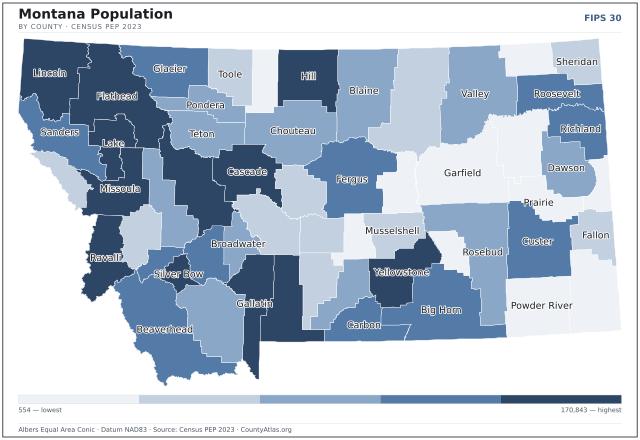 Map of Montana counties shaded by population — official U.S. Census data