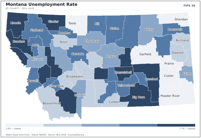 Map of Montana counties shaded by unemployment rate — U.S. Bureau of Labor Statistics