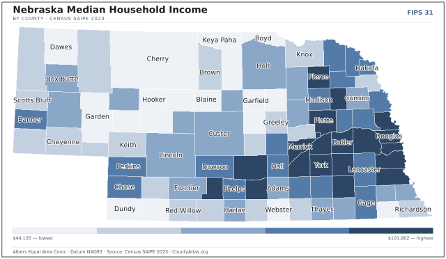 Map of Nebraska counties shaded by median household income — official U.S. Census data