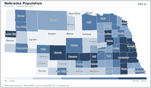 Map of Nebraska counties shaded by population — official U.S. Census data