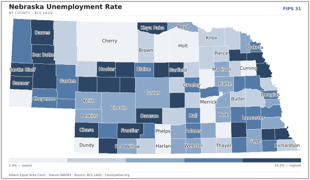 Map of Nebraska counties shaded by unemployment rate — U.S. Bureau of Labor Statistics