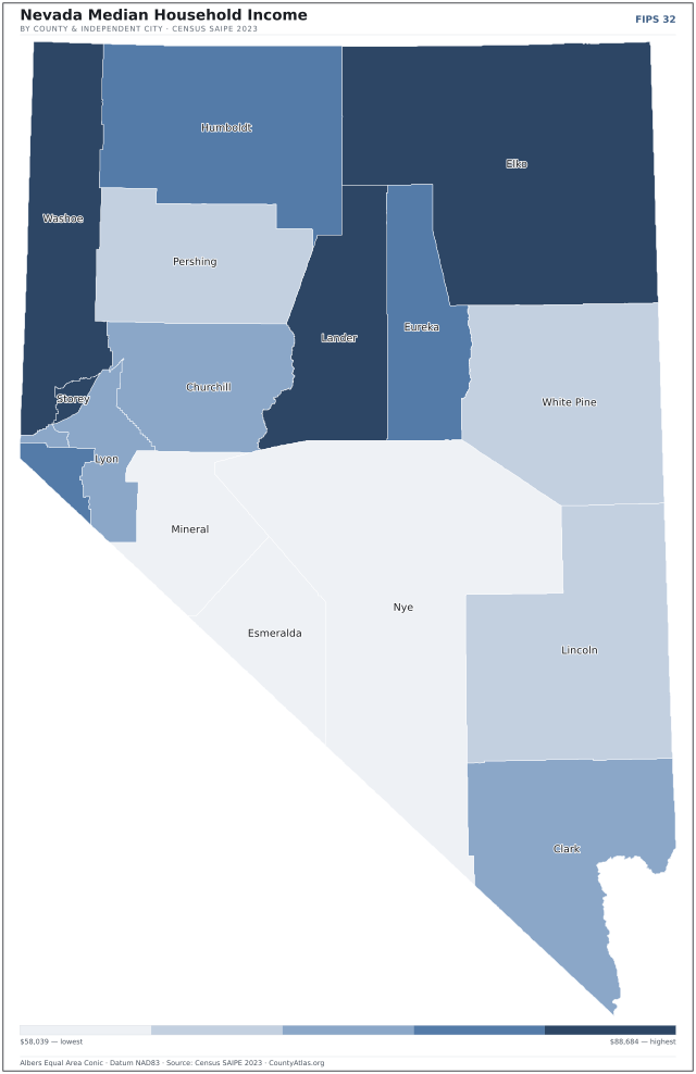 Map of Nevada counties shaded by median household income — official U.S. Census data