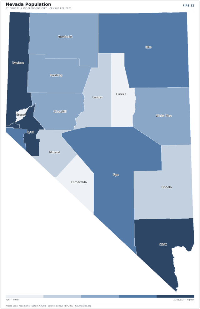 Map of Nevada counties shaded by population — official U.S. Census data