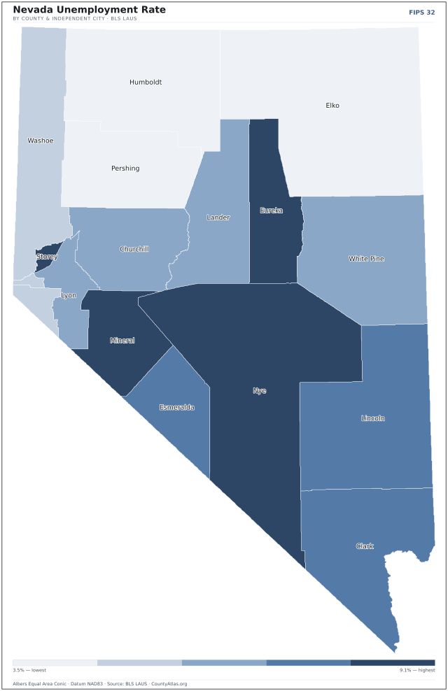 Map of Nevada counties shaded by unemployment rate — U.S. Bureau of Labor Statistics