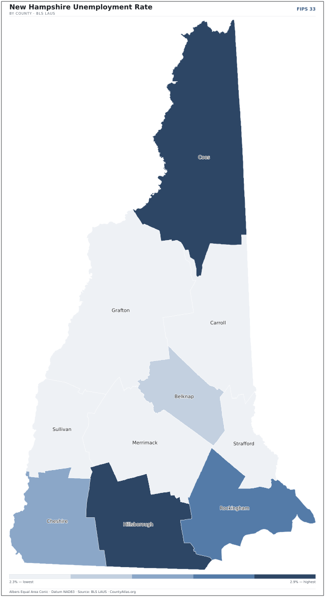 Map of New Hampshire counties shaded by unemployment rate — U.S. Bureau of Labor Statistics