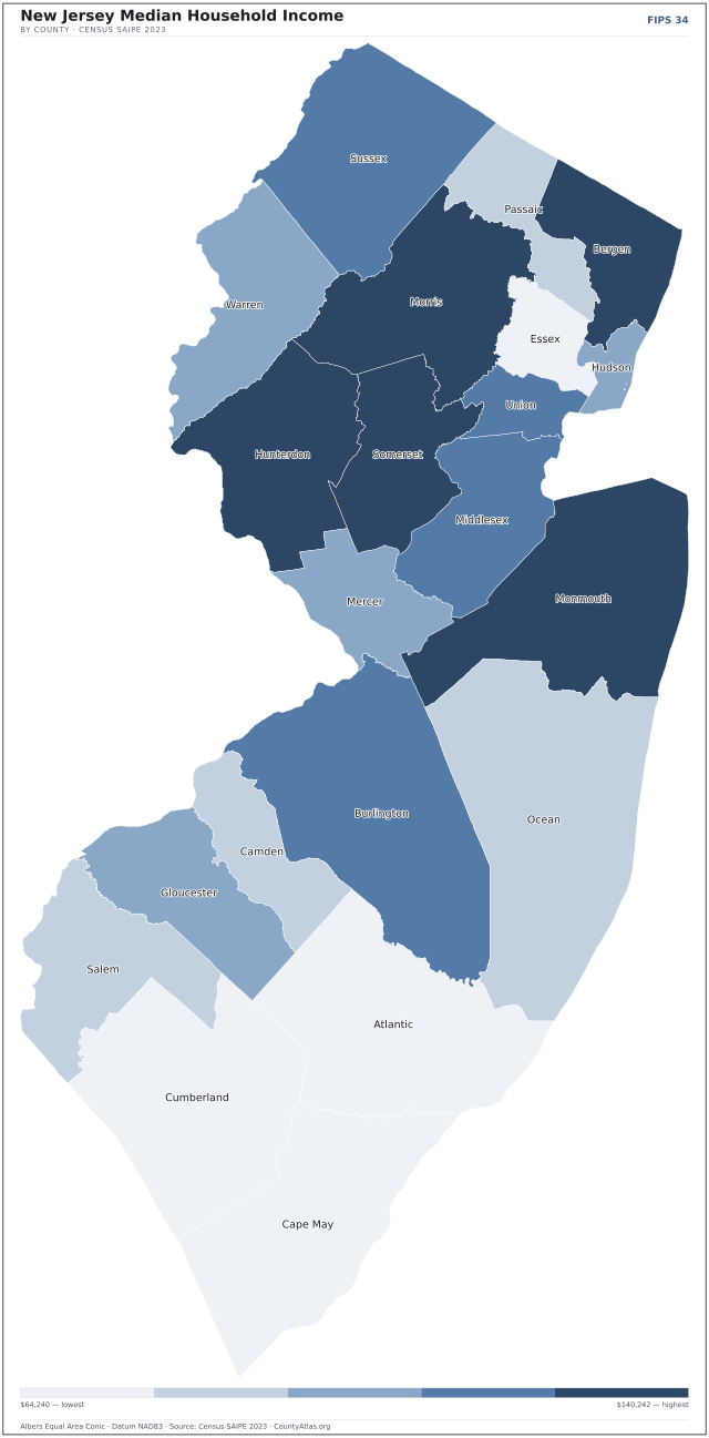 Map of New Jersey counties shaded by median household income — official U.S. Census data