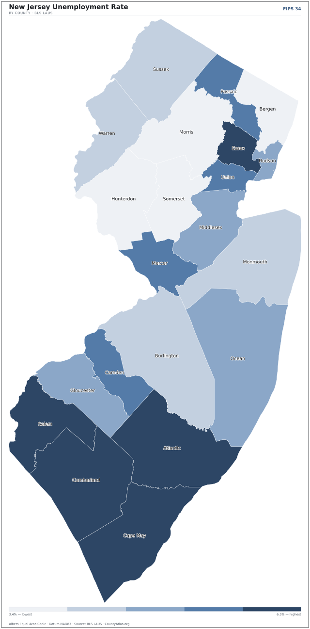 Map of New Jersey counties shaded by unemployment rate — U.S. Bureau of Labor Statistics