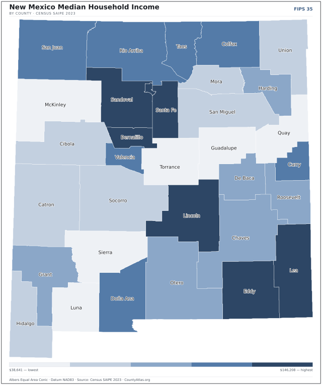 Map of New Mexico counties shaded by median household income — official U.S. Census data