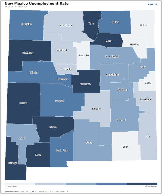 Map of New Mexico counties shaded by unemployment rate — U.S. Bureau of Labor Statistics