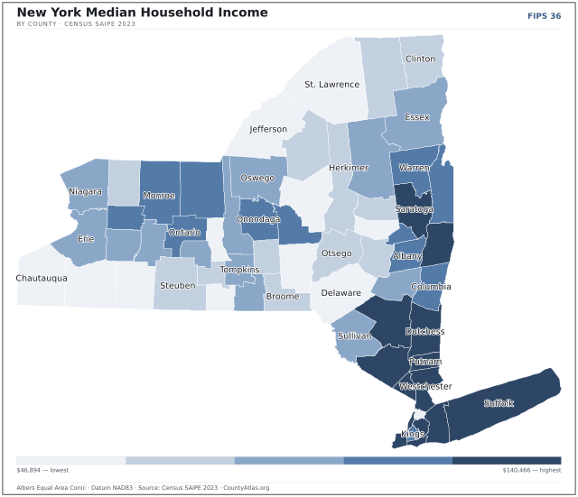 Map of New York counties shaded by median household income — official U.S. Census data