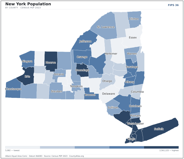 Map of New York counties shaded by population — official U.S. Census data