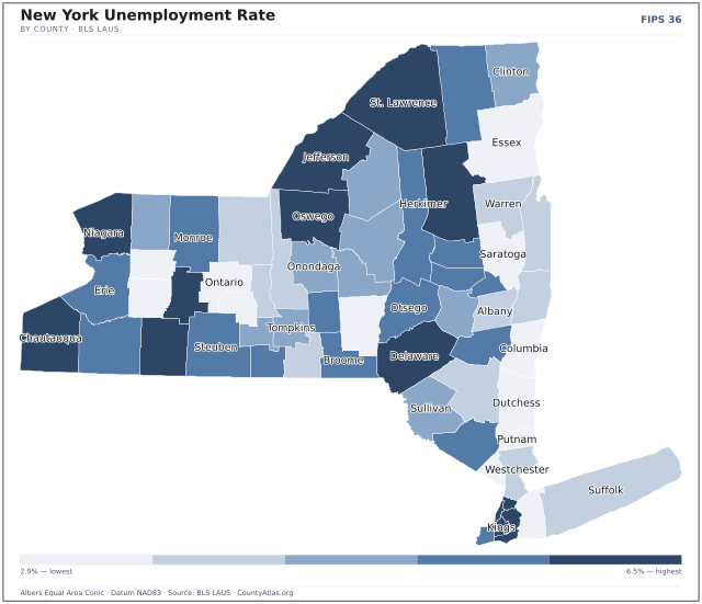 Map of New York counties shaded by unemployment rate — U.S. Bureau of Labor Statistics
