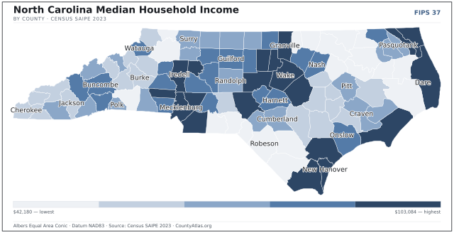 Map of North Carolina counties shaded by median household income — official U.S. Census data