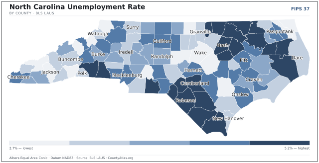 Map of North Carolina counties shaded by unemployment rate — U.S. Bureau of Labor Statistics