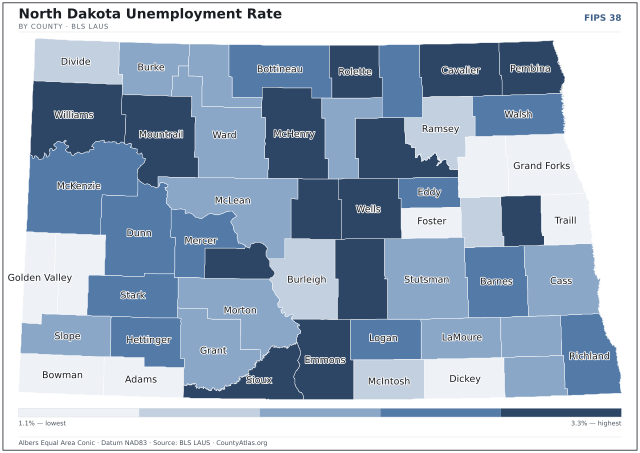 Map of North Dakota counties shaded by unemployment rate — U.S. Bureau of Labor Statistics