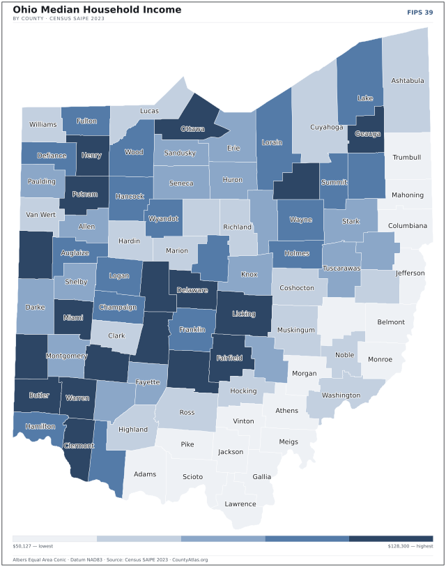 Map of Ohio counties shaded by median household income — official U.S. Census data