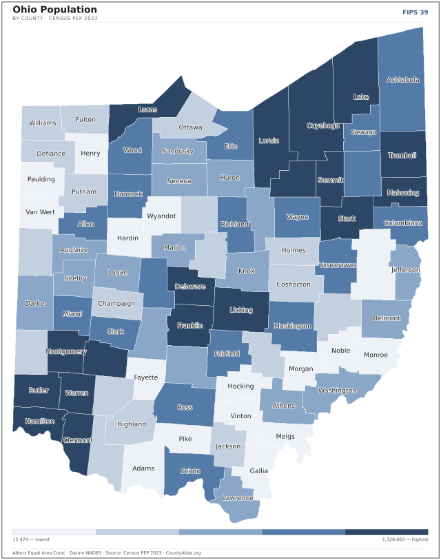 Map of Ohio counties shaded by population — official U.S. Census data