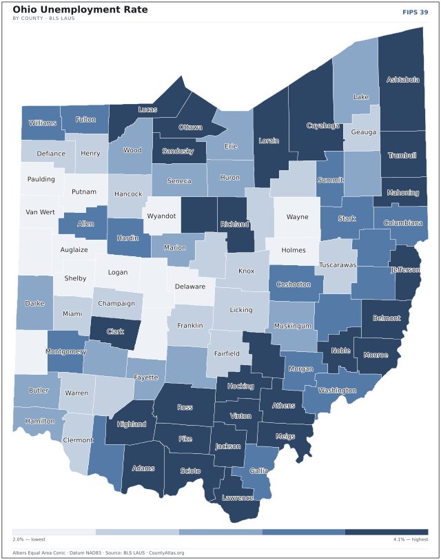 Map of Ohio counties shaded by unemployment rate — U.S. Bureau of Labor Statistics