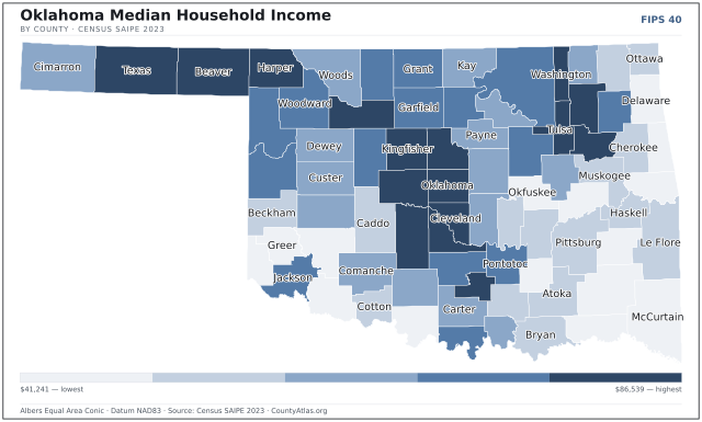 Map of Oklahoma counties shaded by median household income — official U.S. Census data