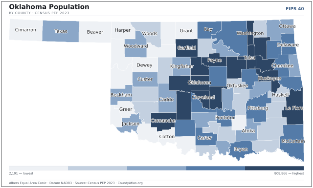 Map of Oklahoma counties shaded by population — official U.S. Census data