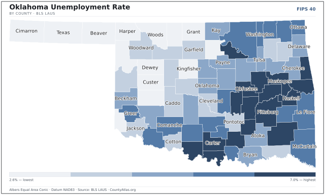 Map of Oklahoma counties shaded by unemployment rate — U.S. Bureau of Labor Statistics