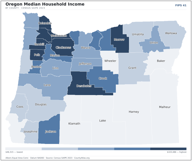 Map of Oregon counties shaded by median household income — official U.S. Census data