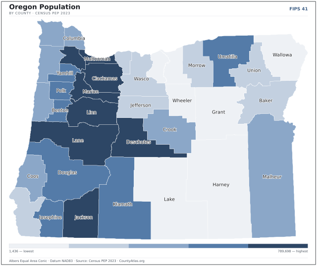 Map of Oregon counties shaded by population — official U.S. Census data